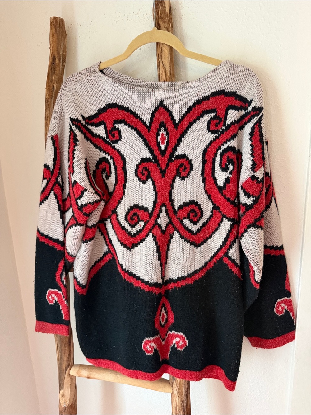Vintage Red, Black & Cream Graphic Boat Neck Sweater No Tag L/XL